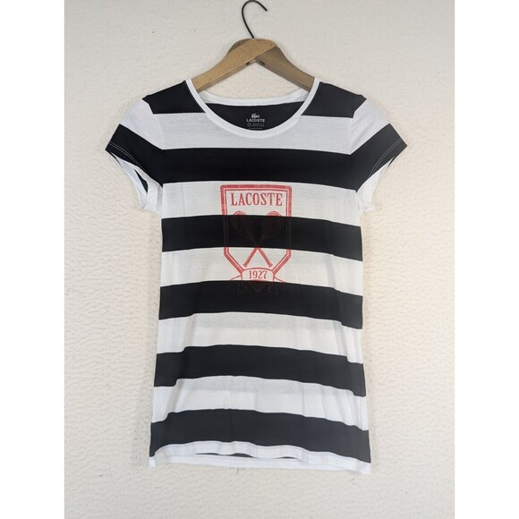 NWT Women's Lacoste Shirt Top Black Stripe Red Logo Spell Out Cotton Size 40 - Picture 1 of 9